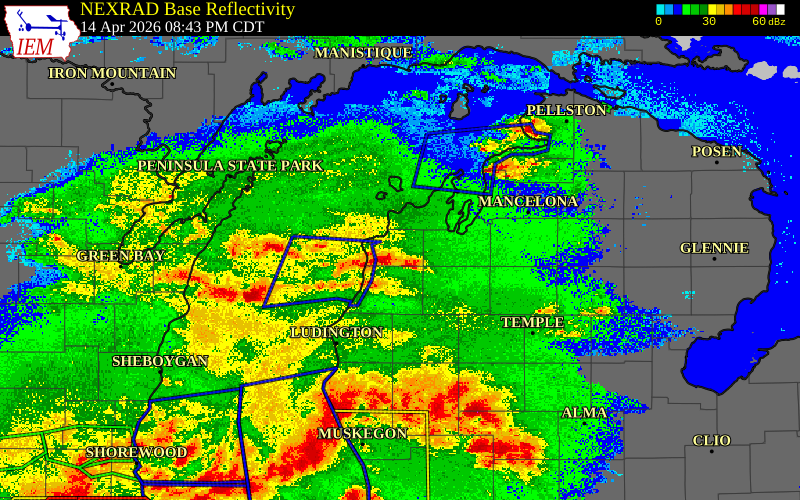 Radar snapshot during the Apr 14, 2026 hail event near Benzie County, Benzie County, Michigan, with NWS warning polygons