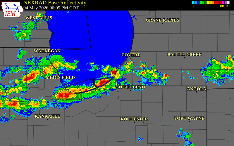 NEXRAD radar during the Monday, May 4, 2026 storm activity in Berrien County, Michigan