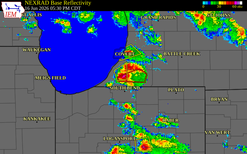 NEXRAD radar during the Tuesday, June 16, 2026 storm activity in Berrien County, Michigan