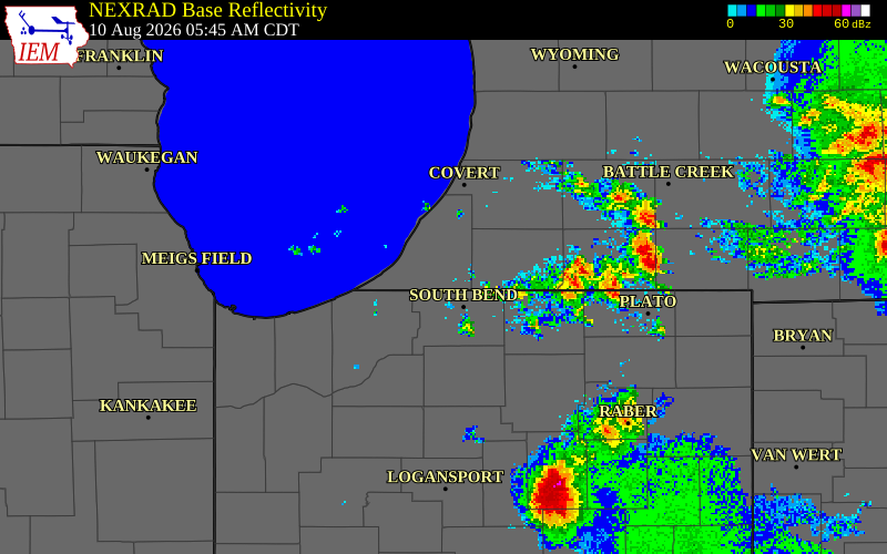 NEXRAD radar during the Monday, August 10, 2026 storm activity in Berrien County, Michigan