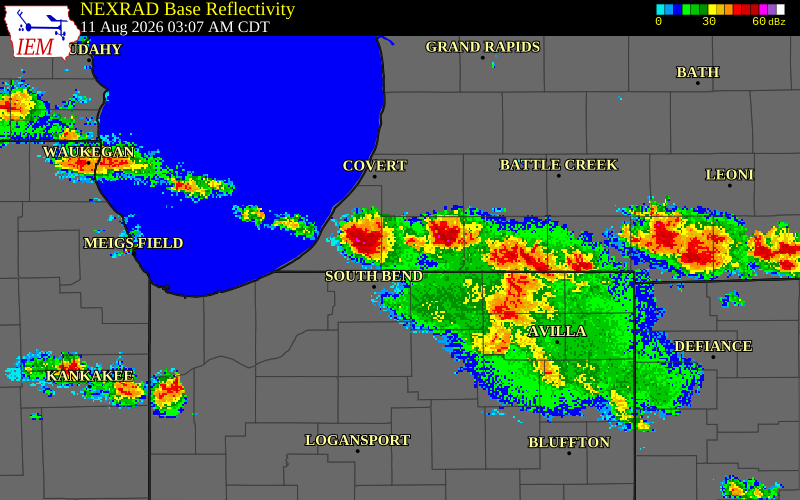NEXRAD radar during the Tuesday, August 11, 2026 storm activity in Berrien County, Michigan