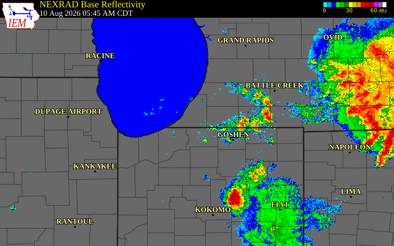 Radar snapshot during the Aug 10, 2026 hail event near Buchanan, Berrien County, Michigan, with NWS warning polygons