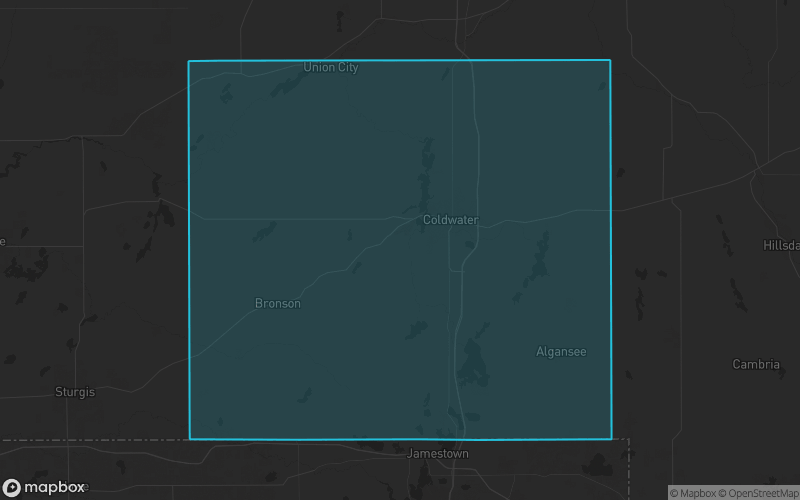 Map of Branch County, Michigan showing the county boundary and surrounding cities