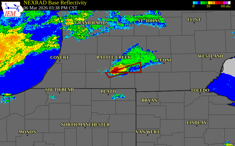 NEXRAD radar during the Friday, March 6, 2026 storm activity in Branch County, Michigan