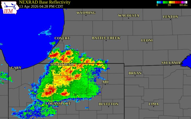 NEXRAD radar during the Monday, April 13, 2026 storm activity in Branch County, Michigan