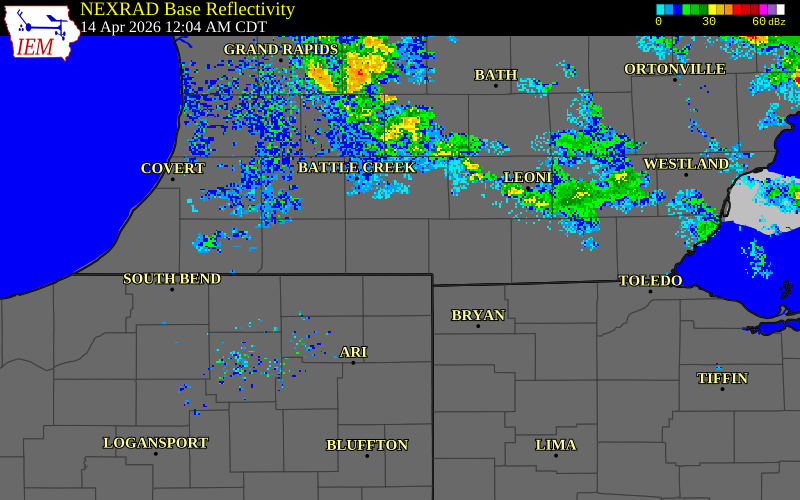 NEXRAD radar during the Tuesday, April 14, 2026 storm activity in Branch County, Michigan