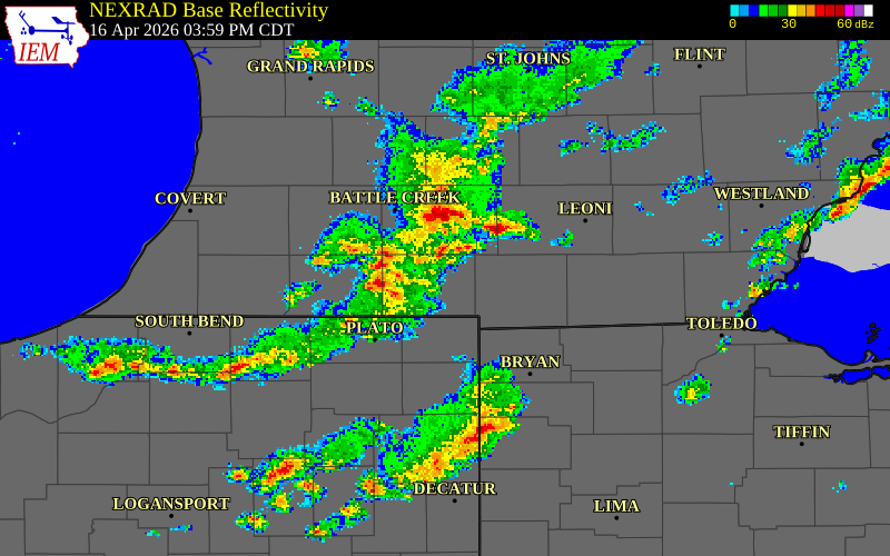 NEXRAD radar during the Thursday, April 16, 2026 storm activity in Branch County, Michigan