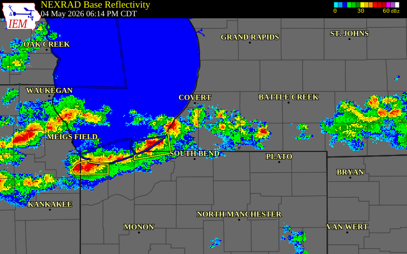 NEXRAD radar during the Monday, May 4, 2026 storm activity in Branch County, Michigan