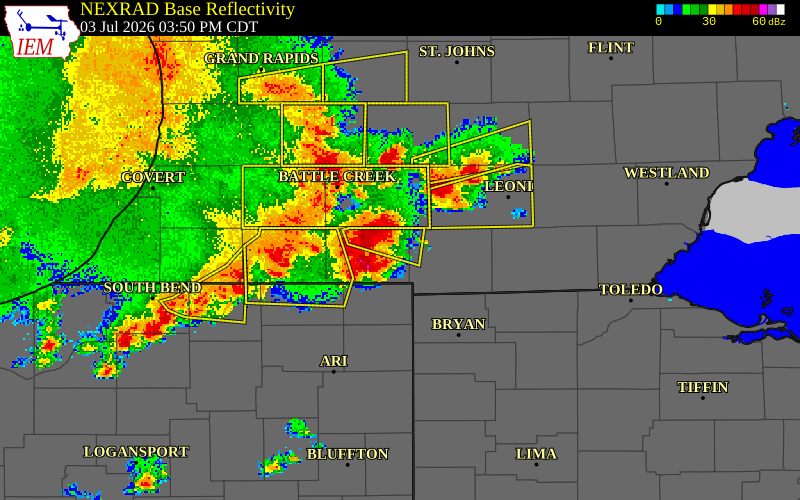 NEXRAD radar during the Friday, July 3, 2026 storm activity in Branch County, Michigan