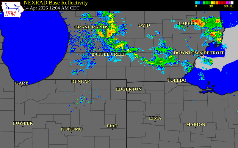 Radar snapshot during the Apr 14, 2026 tornado event near 3 SSE Coldwater, Branch County, Michigan, with NWS warning polygons
