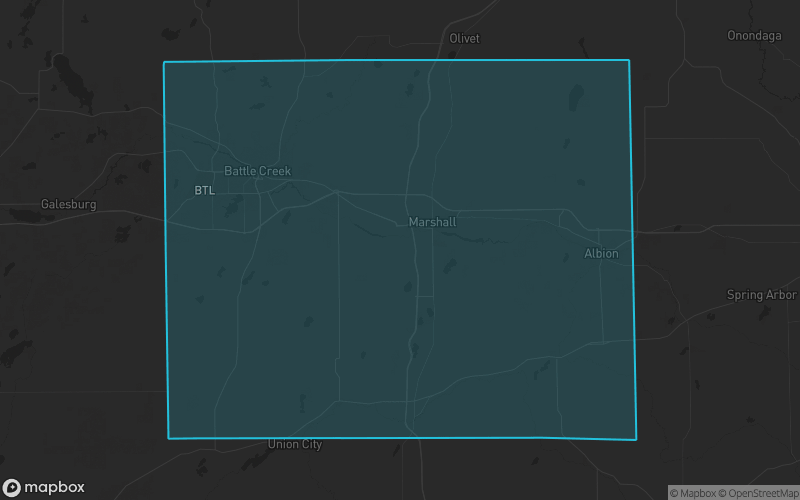 Map of Calhoun County, Michigan showing the county boundary and surrounding cities