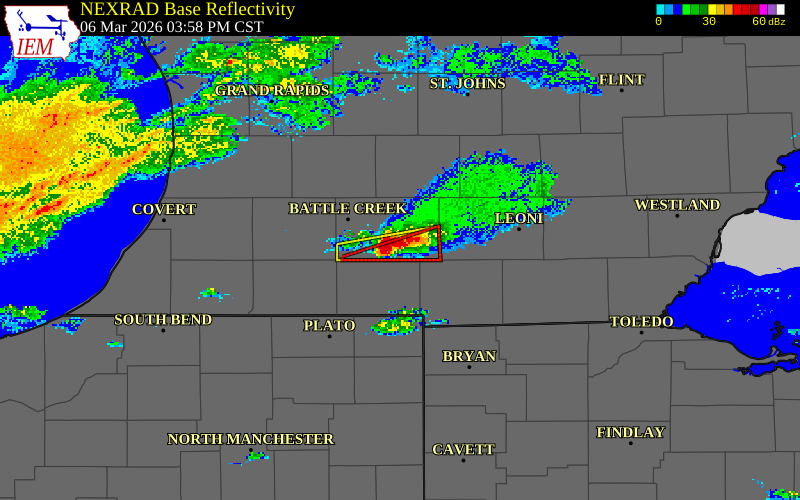 NEXRAD radar during the Friday, March 6, 2026 storm activity in Calhoun County, Michigan