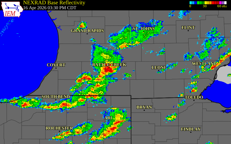 NEXRAD radar during the Thursday, April 16, 2026 storm activity in Calhoun County, Michigan