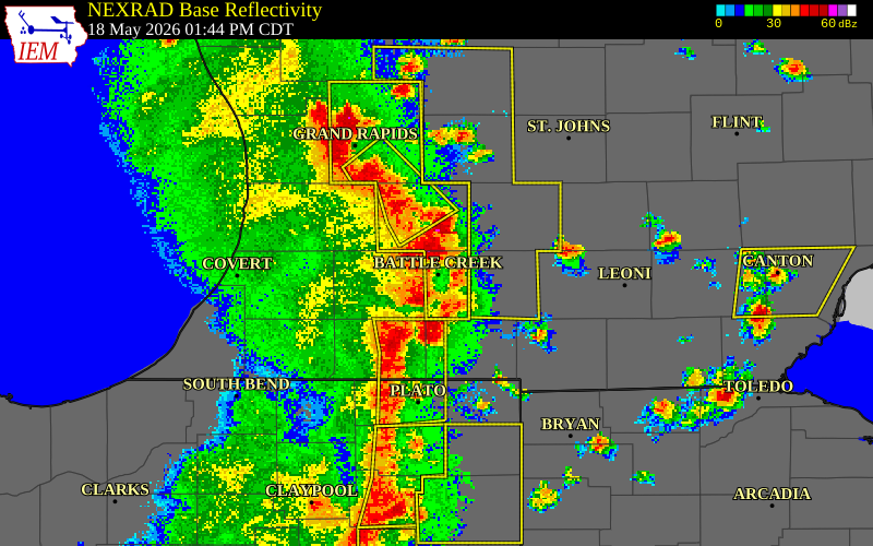 NEXRAD radar during the Monday, May 18, 2026 storm activity in Calhoun County, Michigan