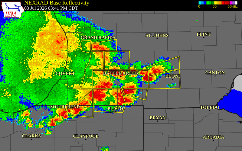 NEXRAD radar during the Friday, July 3, 2026 storm activity in Calhoun County, Michigan