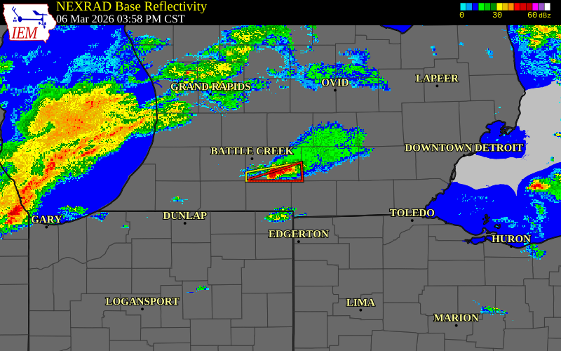 Radar snapshot during the Mar 6, 2026 tornado event near 4 NE Tekonsha, Calhoun County, Michigan, with NWS warning polygons