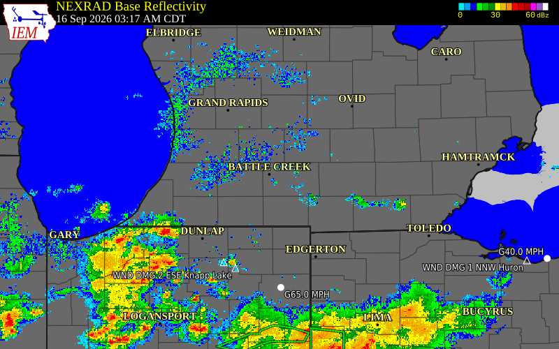 Current NEXRAD radar over Calhoun County, Michigan with recent storm report locations