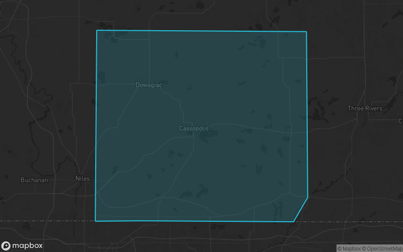 Map of Cass County, Michigan showing the county boundary and surrounding cities