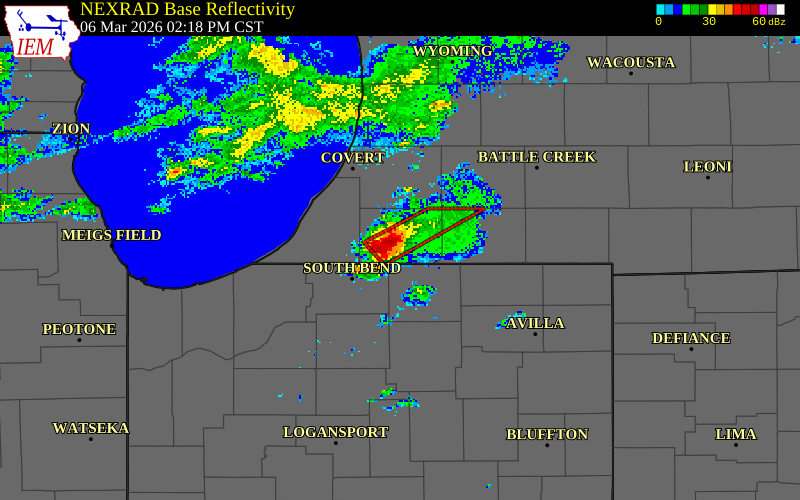 NEXRAD radar during the Friday, March 6, 2026 storm activity in Cass County, Michigan