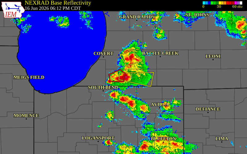 NEXRAD radar during the Tuesday, June 16, 2026 storm activity in Cass County, Michigan