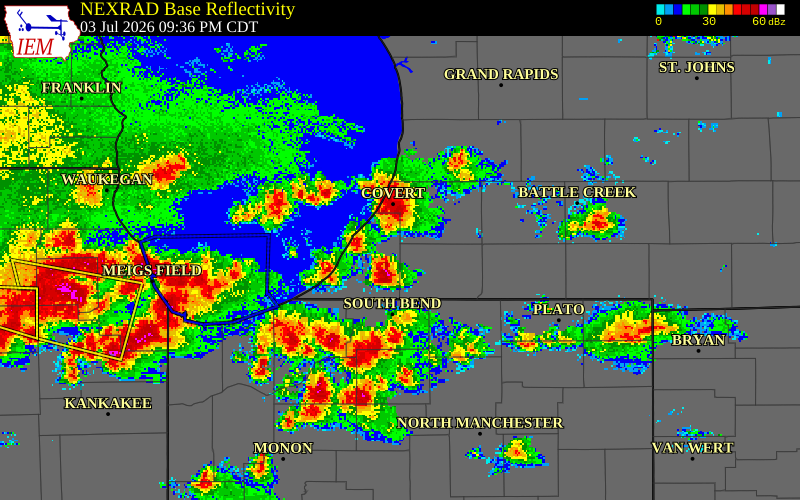 NEXRAD radar during the Friday, July 3, 2026 storm activity in Cass County, Michigan