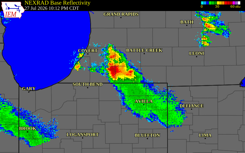 NEXRAD radar during the Monday, July 27, 2026 storm activity in Cass County, Michigan