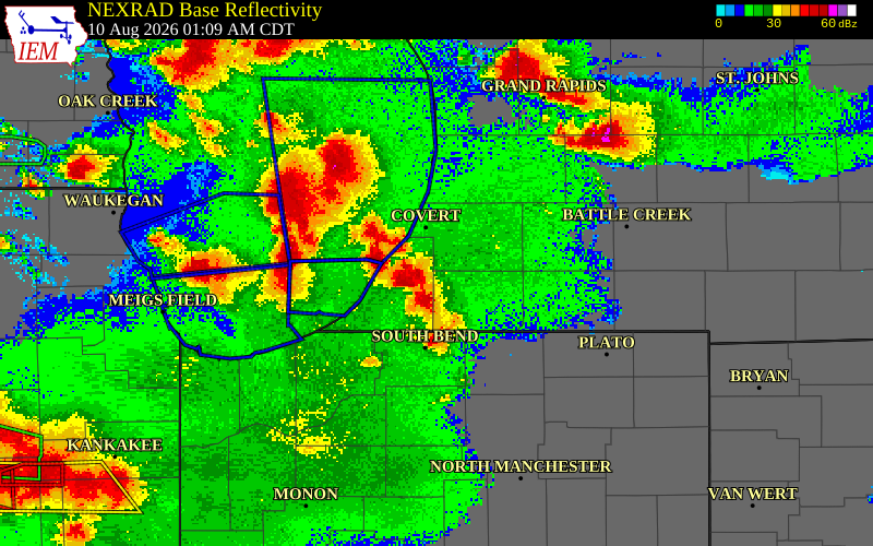 NEXRAD radar during the Monday, August 10, 2026 storm activity in Cass County, Michigan