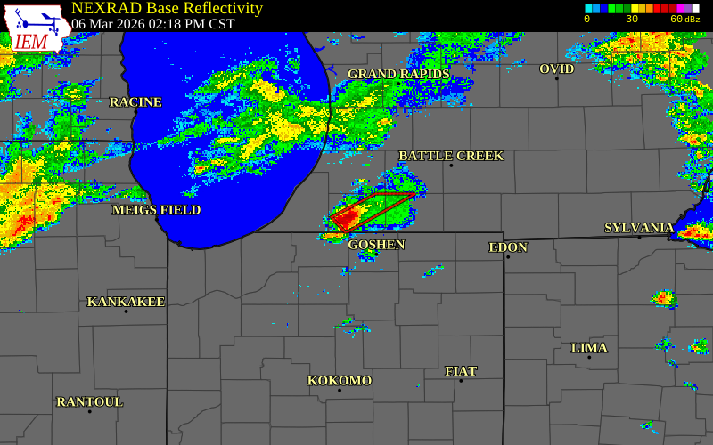 Radar snapshot during the Mar 6, 2026 tornado event near 2 NNW Juno Lake, Cass County, Michigan, with NWS warning polygons