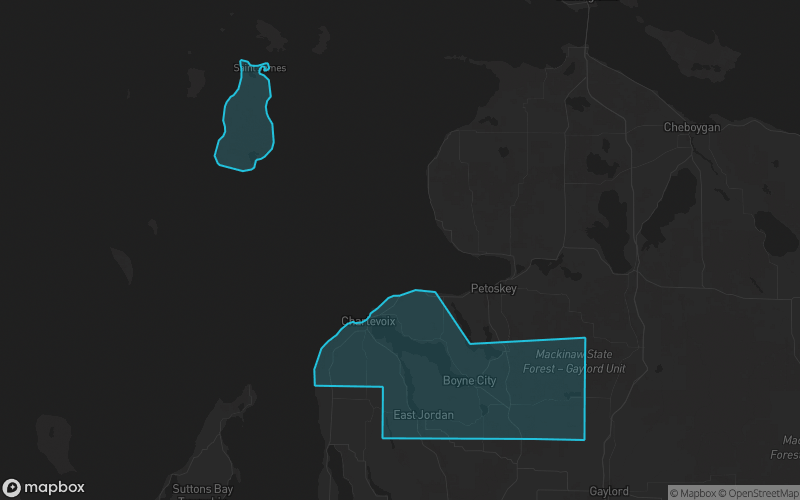 Map of Charlevoix County, Michigan showing the county boundary and surrounding cities