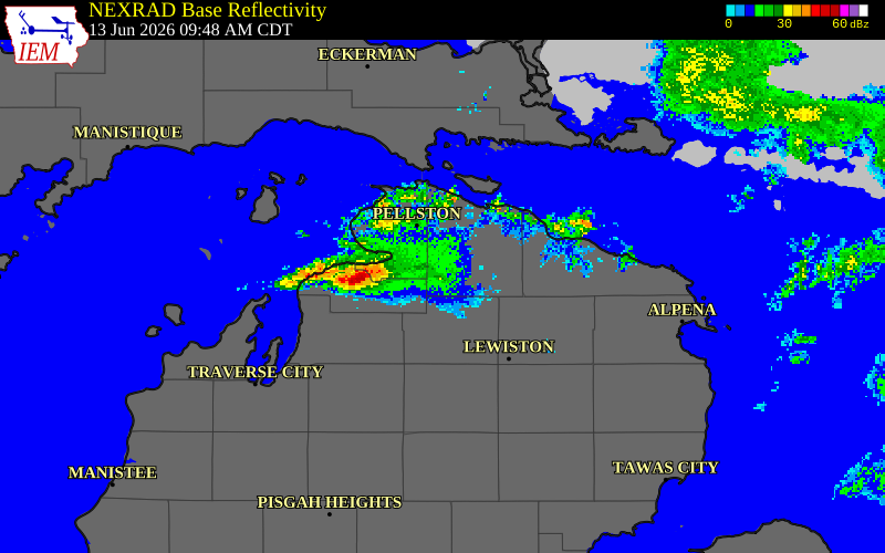 NEXRAD radar during the Saturday, June 13, 2026 storm activity in Charlevoix County, Michigan