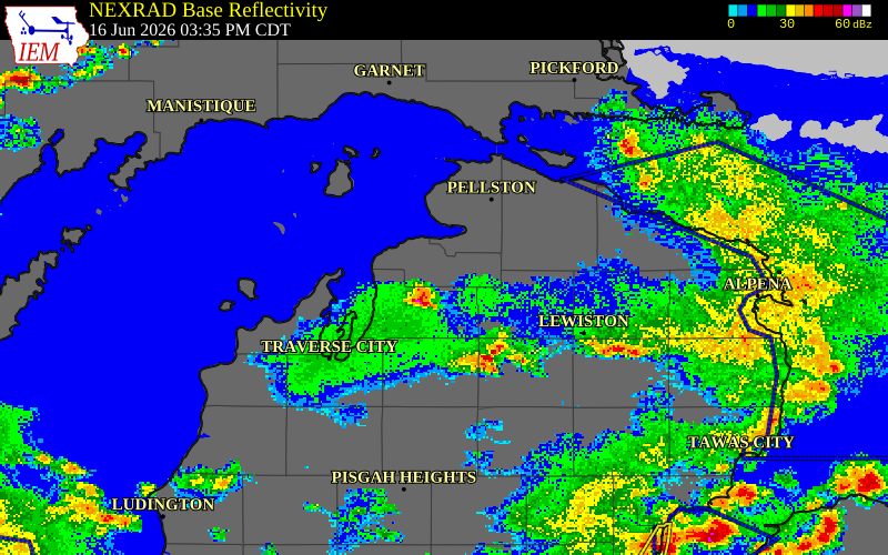 NEXRAD radar during the Tuesday, June 16, 2026 storm activity in Charlevoix County, Michigan