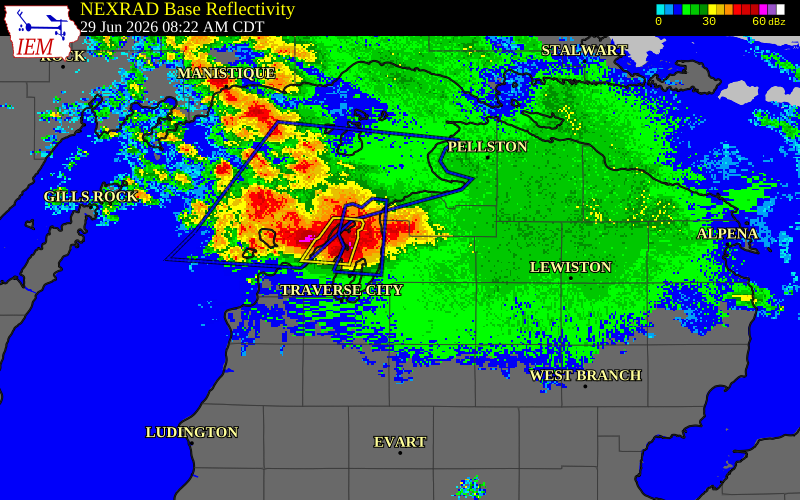 NEXRAD radar during the Monday, June 29, 2026 storm activity in Charlevoix County, Michigan