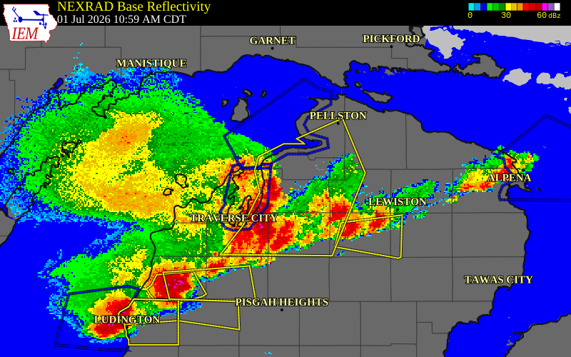 NEXRAD radar during the Wednesday, July 1, 2026 storm activity in Charlevoix County, Michigan