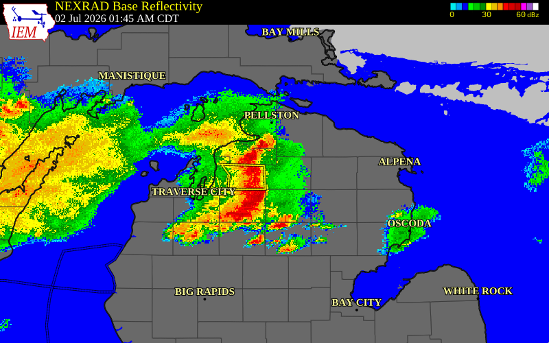 Radar snapshot during the Jul 2, 2026 wind event near Charlevoix County, Charlevoix County, Michigan, with NWS warning polygons