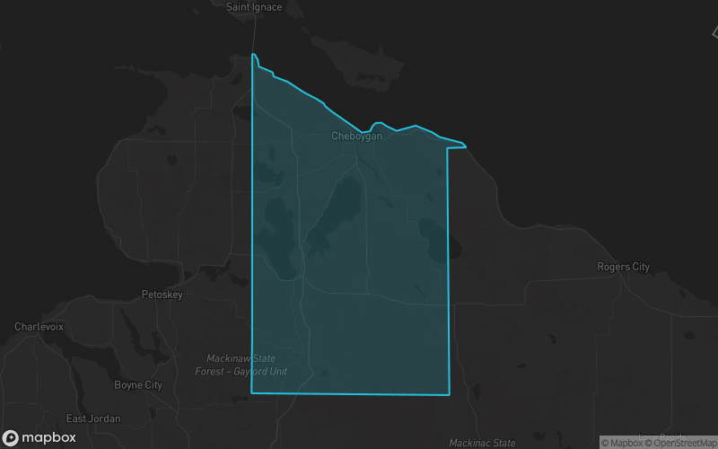Map of Cheboygan County, Michigan showing the county boundary and surrounding cities