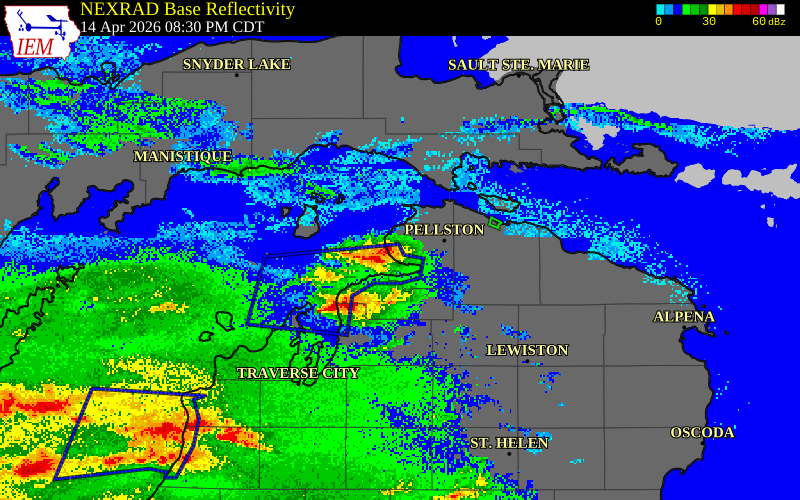 NEXRAD radar during the Tuesday, April 14, 2026 storm activity in Cheboygan County, Michigan