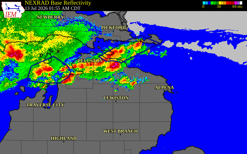 NEXRAD radar during the Monday, July 13, 2026 storm activity in Cheboygan County, Michigan