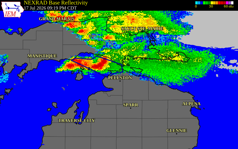 NEXRAD radar during the Friday, July 17, 2026 storm activity in Cheboygan County, Michigan