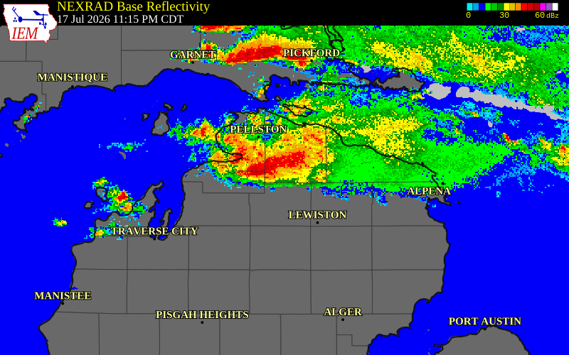 NEXRAD radar during the Saturday, July 18, 2026 storm activity in Cheboygan County, Michigan