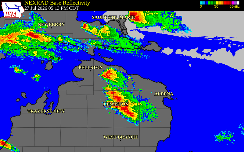 NEXRAD radar during the Monday, July 27, 2026 storm activity in Cheboygan County, Michigan