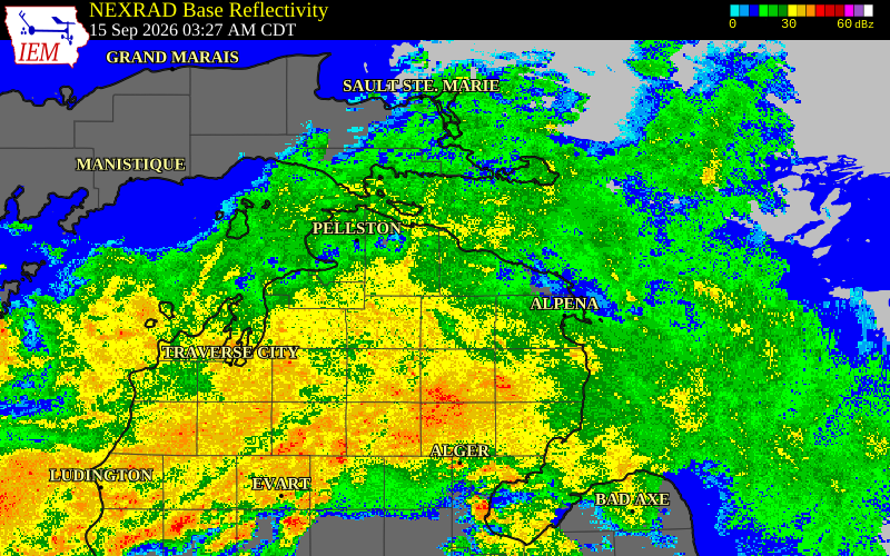 Current NEXRAD radar over Cheboygan County, Michigan with recent storm report locations