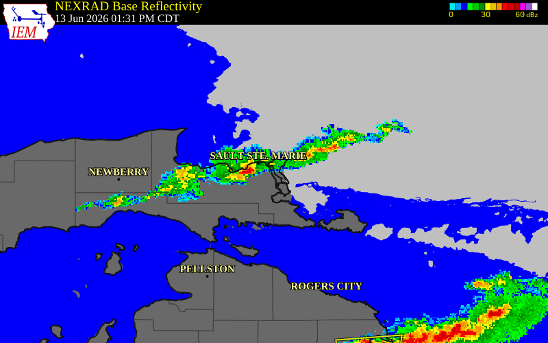 NEXRAD radar during the Saturday, June 13, 2026 storm activity in Chippewa County, Michigan