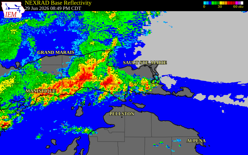 NEXRAD radar during the Monday, June 29, 2026 storm activity in Chippewa County, Michigan
