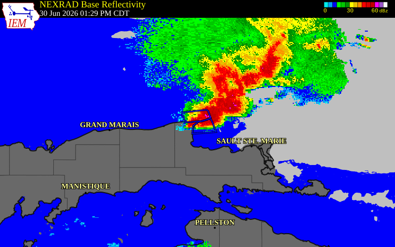 NEXRAD radar during the Tuesday, June 30, 2026 storm activity in Chippewa County, Michigan