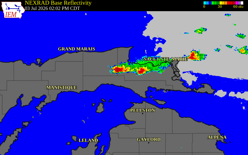 NEXRAD radar during the Friday, July 3, 2026 storm activity in Chippewa County, Michigan