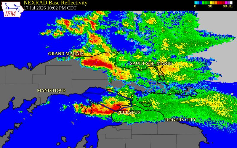 NEXRAD radar during the Friday, July 17, 2026 storm activity in Chippewa County, Michigan