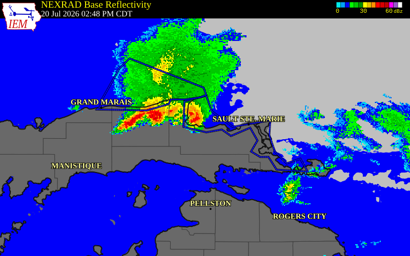 NEXRAD radar during the Monday, July 20, 2026 storm activity in Chippewa County, Michigan