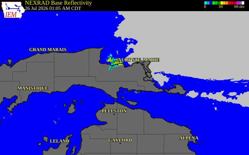 NEXRAD radar during the Sunday, July 26, 2026 storm activity in Chippewa County, Michigan