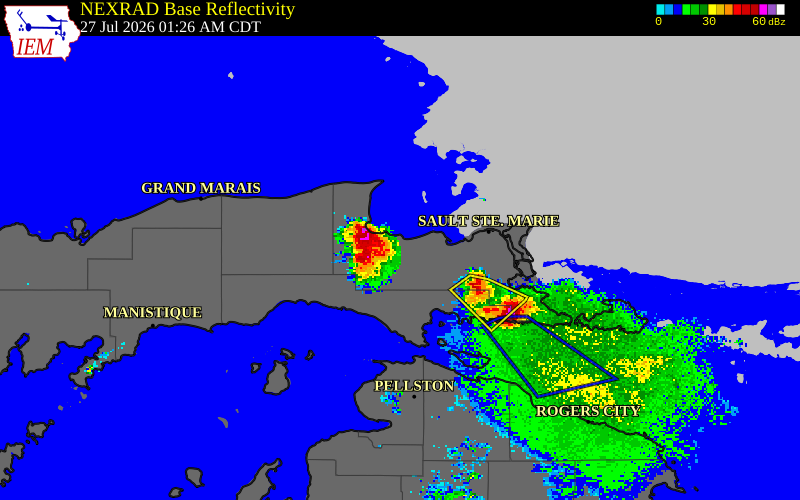 NEXRAD radar during the Monday, July 27, 2026 storm activity in Chippewa County, Michigan