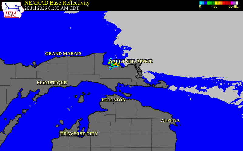 Radar snapshot during the Jul 26, 2026 hail event near Rudyard, Chippewa County, Michigan, with NWS warning polygons